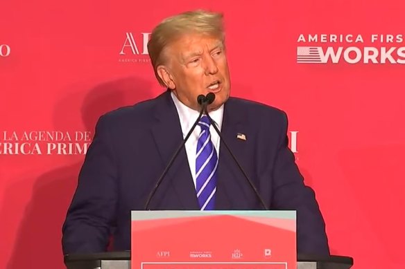 Former US president Donald Trump speaking at the Hispanic Leadership Conference in Miami, Florida.
