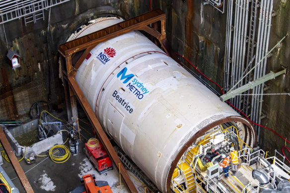 A boring machine, Beatrice, digs tunnels for the Sydney Metro West project.