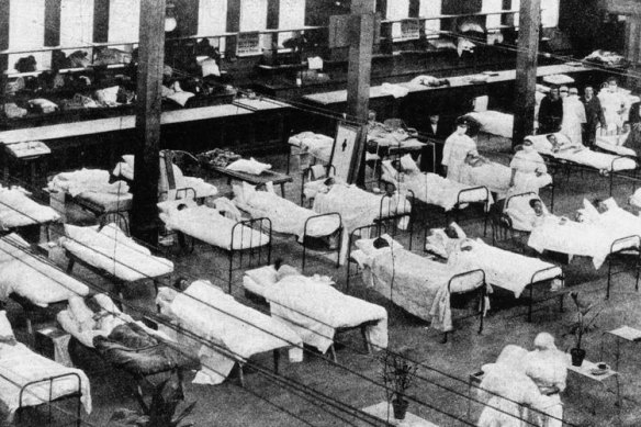 Hospital beds in the Royal Exhibition Building in Carlton during the influenza pandemic.