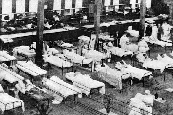 Hospital beds inside the Royal Exhibition Building during the 1919 influenza pandemic.