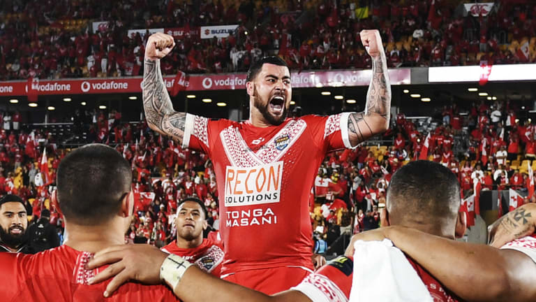 Passion and pride: Andrew Fifita leads the Tongans in a rendition of the Sipi Tau on Saturday night.