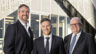 Former NSW digital minister Victor Dominello (middle) ,UNSW Vice-Chancellor and President Professor Attila Brungs (left) and UTS Vice-Chancellor and Professor Andrew Parfitt announcing the launch of the UNSW-UTS Trustworthy Digital Society Hub. 