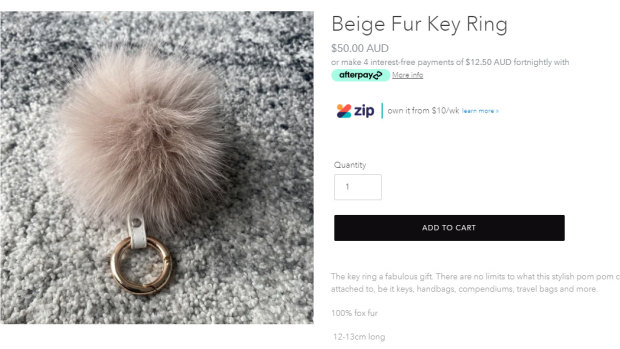 Beige fur key ring tested as fox fur sold at Alexandra Australia without a label.