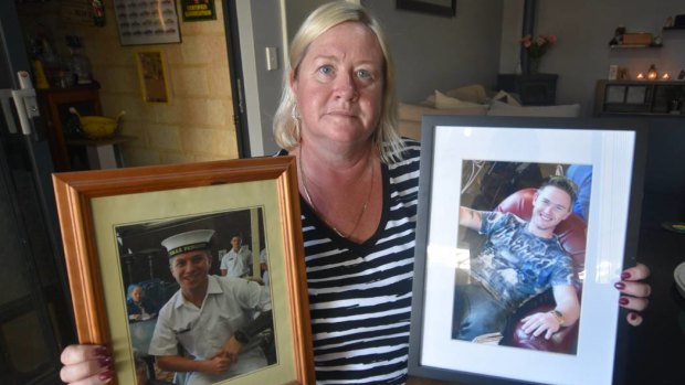 Donna Anderson with photos of her sons Jake (left) and Hayden Langdon (right).