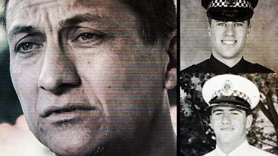 Dezi Freeman (izquierda) y los agentes de policía Vadim de Waart-Hottart (arriba a la derecha) y Neal Thompson.
