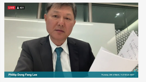 Billionaire property developer Phillip Dong Fang Lee giving evidence to the Bell Review into The Star’s casino licence.