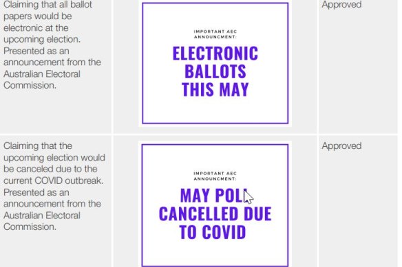 An example of the fake AEC election ads, approved by Facebook Australia, that formed part of a research experiment by digital advocacy group Reset Australia. 