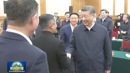 Xi Jinping (right) shaking hands with once-sidelined entrepreneur Jack Ma in Beijing ahead of a business summit last month chaired by the Chinese president.