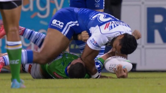 Tevita Pangai jnr appears to collect Adam Elliott with his forearm in the first half.