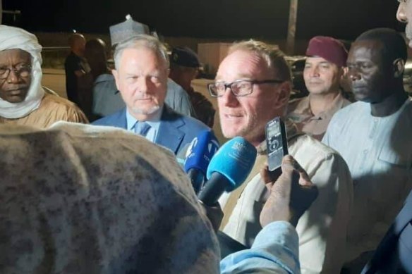 Jerome Hugonot talks to the media at Adji Kossey military base near Chad’s capital, N’Djamena, following his release on Sunday.
