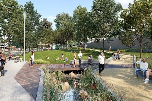 An artist’s render of how the shelved Greenline project could have transformed the park by Rebecca Walk. 