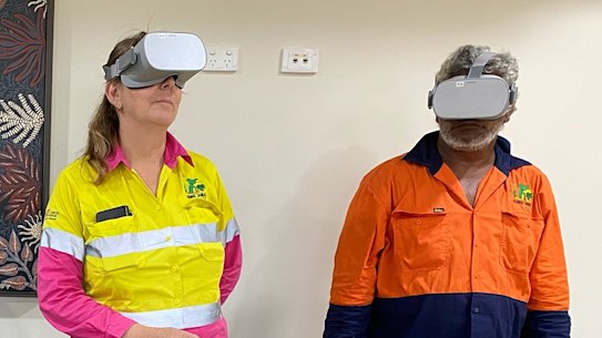 (From left) Burke Shire Council CEO Clare Keenan, Mayor Ernie Camp and workers Jasmin Davis and Dave Marshall with the VR training headsets.
