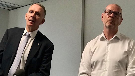 AAP chairman Campbell Reid and CEO Bruce Davidson announcing the closure in March, which will not go ahead.