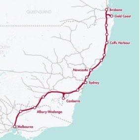The proposed route for the Brisbane to Melbourne bullet train. 
