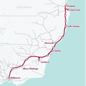 The proposed route for the Brisbane to Melbourne bullet train. 
