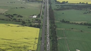 Traffic at the Little River police checkpoint on the way to Geelong. 