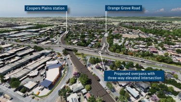 Options for a new overpass of the Beenleigh-Gold Coast line have been released. One includes a raised intersection of Boundary Road and Orange Grove Road.