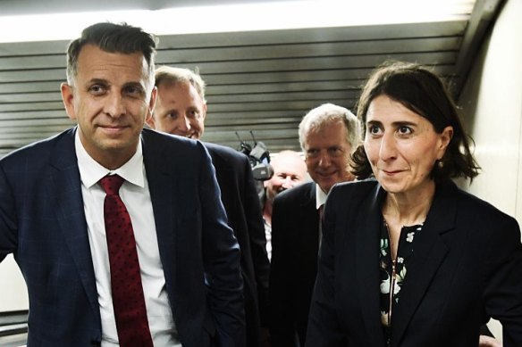 Transport and Infrastructure Minister Andrew Constance, Premier Gladys Berejiklian and Rodd Staples (back left).