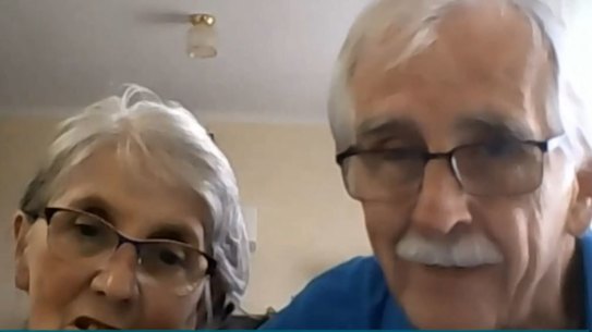 Rod and Rosalie Foreman giving evidence via video. Rosalie was told she would never walk again, but the couple organised extra physio sessions. And they moved her back home out of aged care before the lockdown. She is now walking with the aid of a walker. 