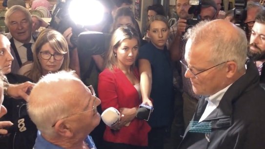 “If you have a go, you get a go” ... pensioner Ray Drury has his go at the Prime Minister in a Newcastle pub. 