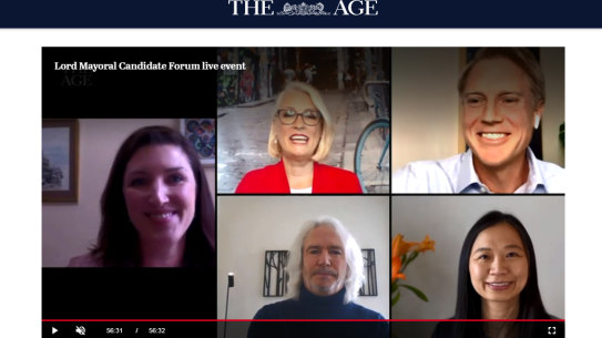 The Age city editor, Bianca Hall was joined by the candidates vying to be lord mayor: incumbent Sally Capp, Arron Wood, Phil Reed and Jennifer Yang.