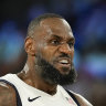 United States’ LeBron James and Kevin Durant celebrate a basket against Serbia during a men’s semifinals. 