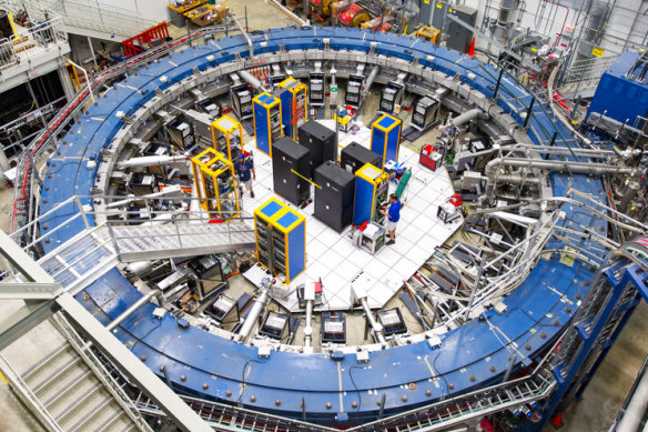 The Muon g-2 ring, at the Fermi National Accelerator Laboratory outside Chicago, measures the wobble of muons as they travel through a magnetic field.