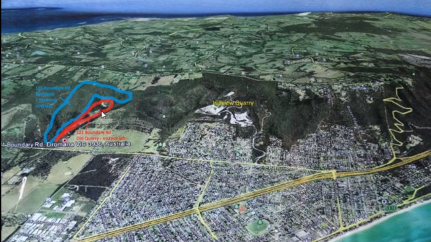 This Google Earth image shows the existing Hillside quarry (white), the disused quarry (red) (which will be extended) and proposed new area of quarry (blue).