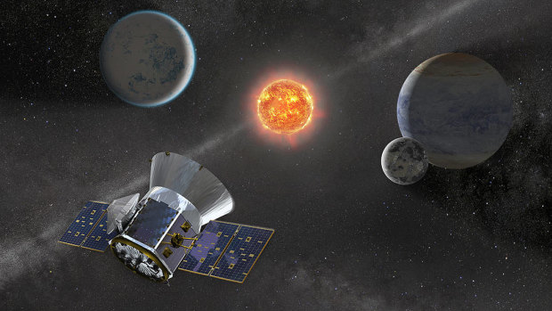 Illustration of NASA's TESS observing a dwarf star with orbiting planets similar to that observed by astronomers.