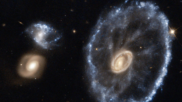 An image of the Cartwheel Galaxy taken by the Hubble Space Telescope. 