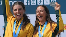 From left: Kate Eckhardt, Jess Fox and Noemie Fox after winning gold in the kayak teams event at the world championships this week.