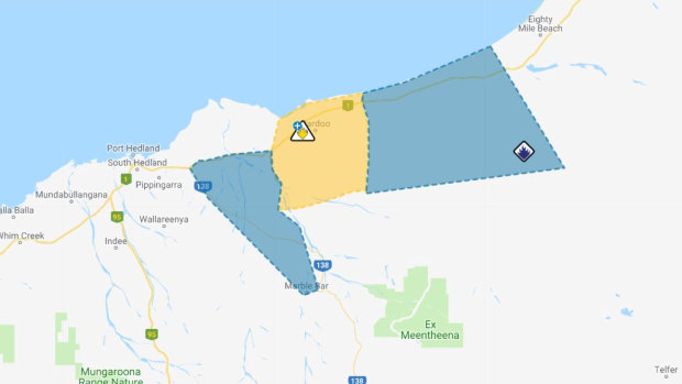 A watch and act alert has been issued for the area highlighted in yellow. An advice alert has been issued for the area highlighted in blue.