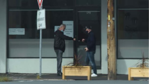 Transclean boss George Haritos and former V/Line head James Pinder meeting in Williamstown in August.