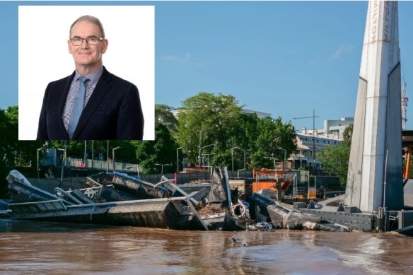 The aftermath of the 2022 Brisbane floods; (inset) Brendan Moon.