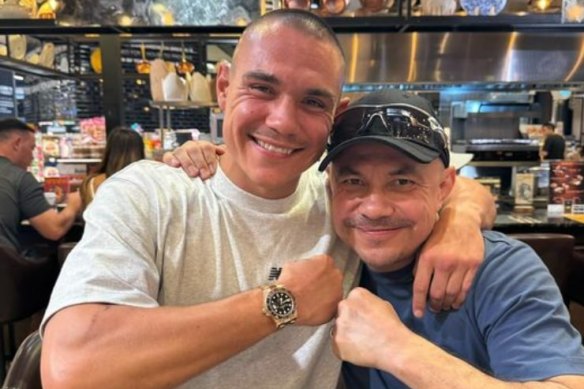 Tim and Kostya Tszyu share a moment after training.