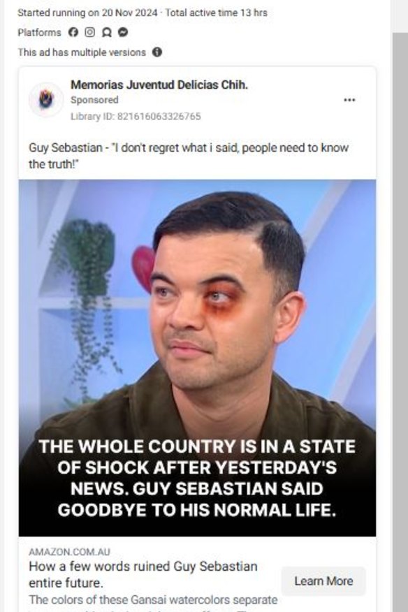 A scam ad featuring singer Guy Sebastian. When this screenshot was taken, the ad had been live for 13 hours.