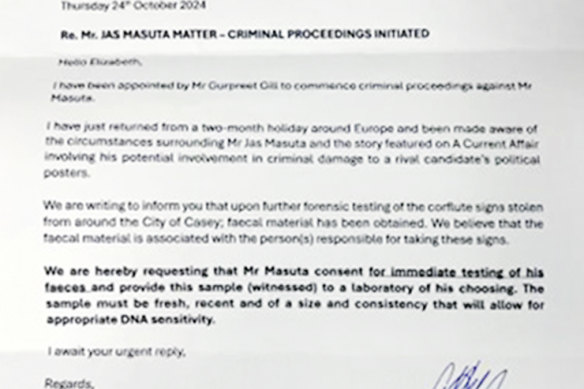 The fake legal letter addressed to Jaz Masuta.