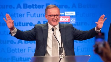 Australian Labor Party leader, Anthony Albanese, celebrates his victory on Federal Election Day, at the Canterbury-Hurlstone Park RSL Club in Sydney. 21 May 2022 Photo:Janie Barrett