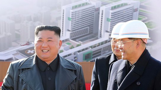 North Korean leader Kim Jong-un at the ground-breaking ceremony for a new  hospital in Pyongyang.