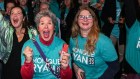 Supporters of teal independent Monique Ryan at the Auburn Hotel during the election campaign.