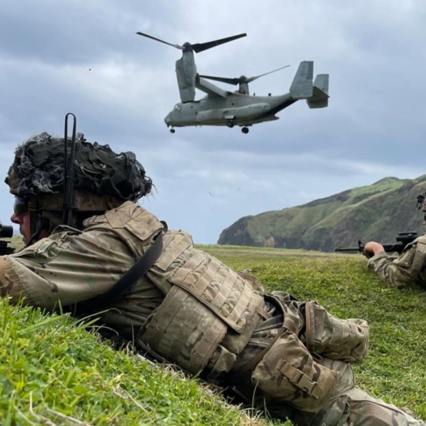 US troops simulate an amphibious air assault during a training exercise on Batan island on April 23.