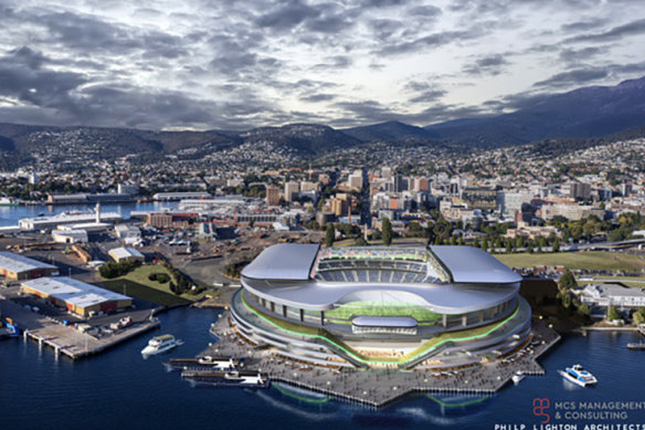 An artist’s impression of the new sporting stadium proposed in Hobart.
