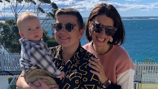April Long (left) with their partner Kelly Coelho, and their son Kaison. Long, who identifies as non-binary, has lodged a complaint with the Australian Human Rights Commission that the census failed to count them and their family accurately. 