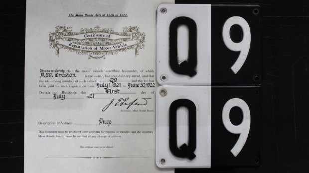 The Q9 registration plates with accompanying Department of Transport and Main Roads 1921 registration certificate.