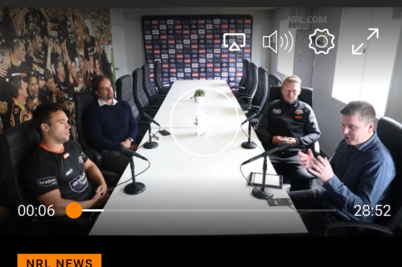 CEO Justin Pascoe, assistant coach Andrew Webster, media man Dan Talintyre and star Luke Brooks get up close during a Wests Tigers podcast