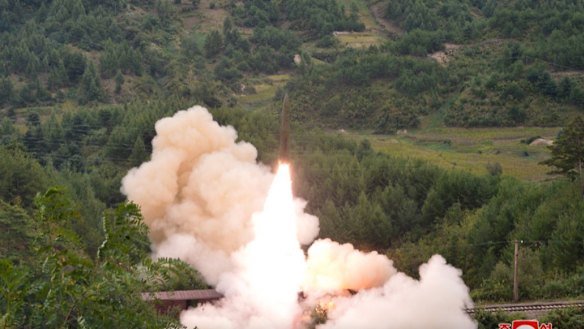 The missiles flew 800 km before striking a target in the sea, KCNA said. 