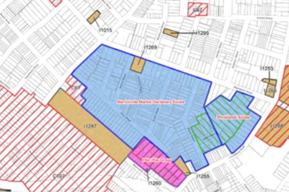 A map of a proposed heritage conservation area called the Marrickville Market Gardeners Estate.