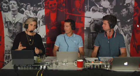 SBS cycling commentators (from left) Bridie O’Donnell, Robbie McEwan and Matthew Keenan. 