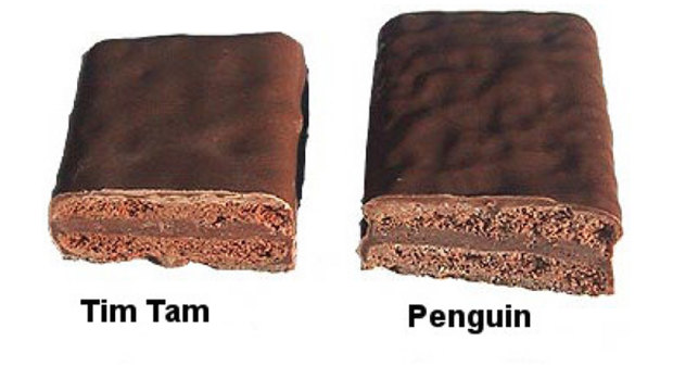 Arnott's Tim Tams can be hard to distinguish from McVitie's Penguin biscuits in a blind tasting. 