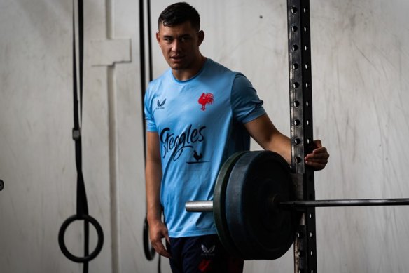 Joey Manu at Roosters training in Queenstown, before suffering his facial fracture.